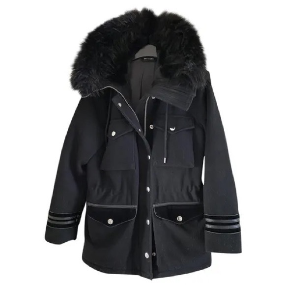 Kooples Black Wool Mid-length Coat with Faux Fur | Size XS (US 2-4) - Picture 4 of 9